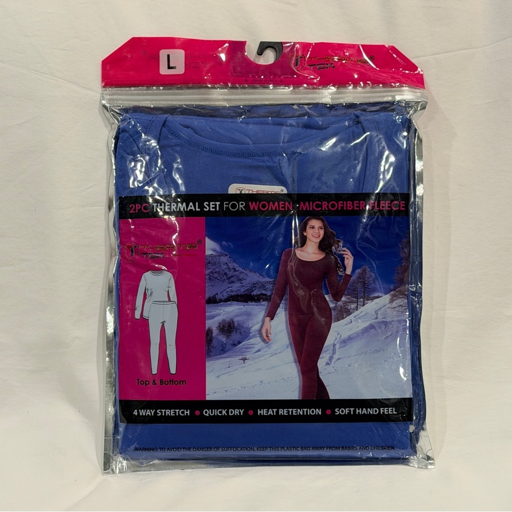 Therma Tek Womens Thermal Underwear Microfiber Fleece Blue 2 Pcs Set Size L